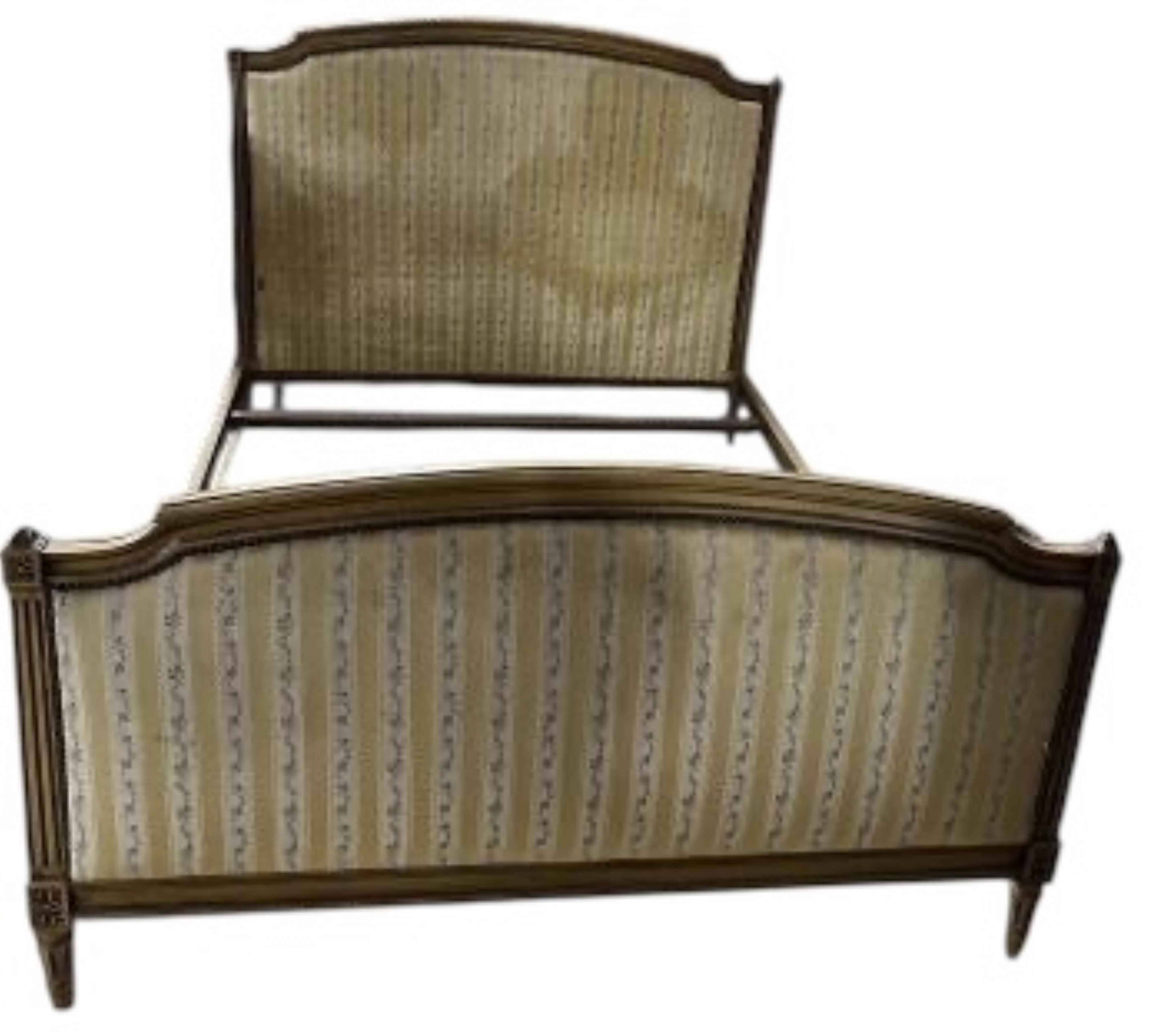 A Louis XVI style upholstered double bed frame, length 200cm, width 146cm, height 120cm. Condition - fair to good
